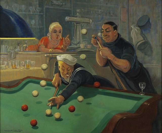 Bernard leemker (1899-1990), tipsy sailors, olieverf op doek,cafe biljart