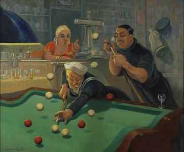 Bernard leemker (1899-1990), tipsy sailors, olieverf op doek,cafe biljart