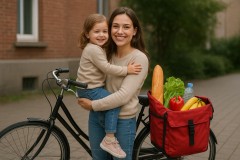 Moeder en dochter met fiets en boodschappen2